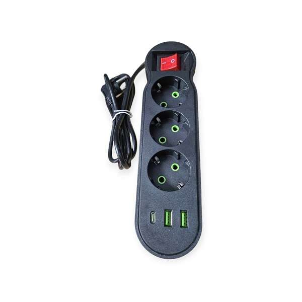 Aerbes AB-CP08 2M 220V 10A 2500W Round 2 Pin Power Socket Adapter With 1 PD and 2 USB Port