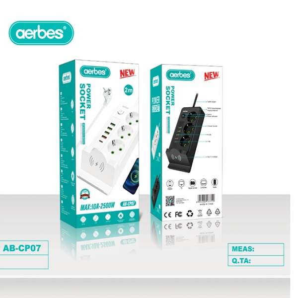 Aerbes AB-CP07-2M 220V 10A 2500W Round 2 Pin Power Socket Adapter 4 x USB And 1 x PD Port