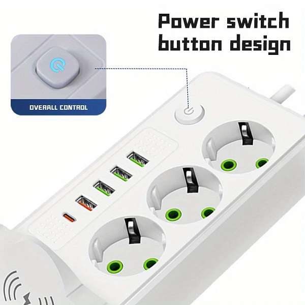 Aerbes AB-CP07-2M 220V 10A 2500W Round 2 Pin Power Socket Adapter 4 x USB And 1 x PD Port