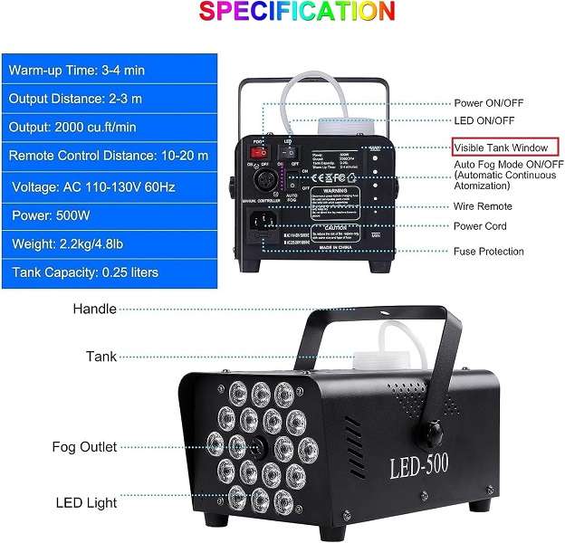 PM-183 LED 600w Smoke Fogger With 18 LED Stage, And Two Remote Control