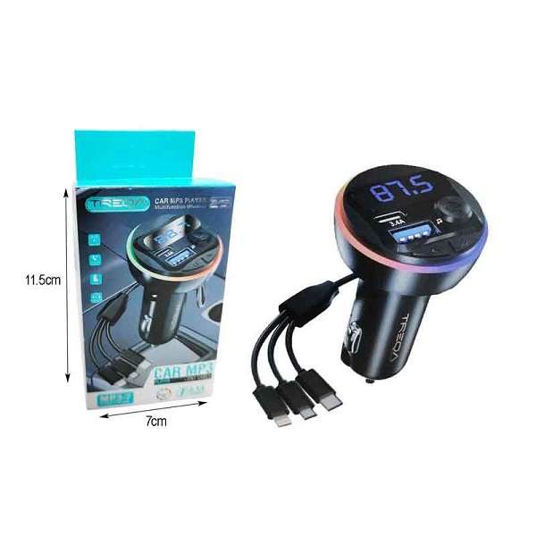 Treqa MP3-7 18W Car MP3 Player With Built-in 3 in 1 Charging Cable