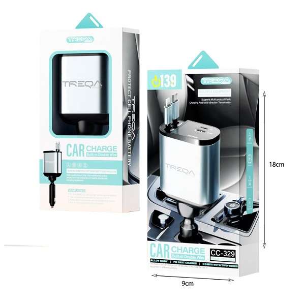 Treqa CC-329 USB + PD Car Charge With Built-in Type C And IOS Charging Cable