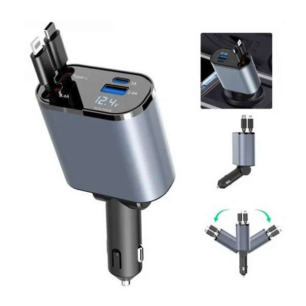 Treqa CC-329 USB + PD Car Charge With Built-in Type C And IOS Charging Cable