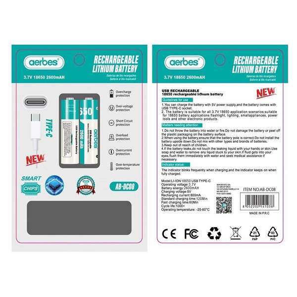 Aerbes AB-DC08 18650 Rechargeable Batteries 2600mah