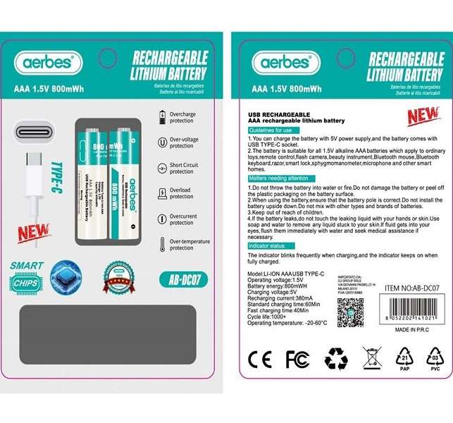 Aerbes AB-DC07 AAA 800mWH Rechargeable Lithium Battery 1.5V