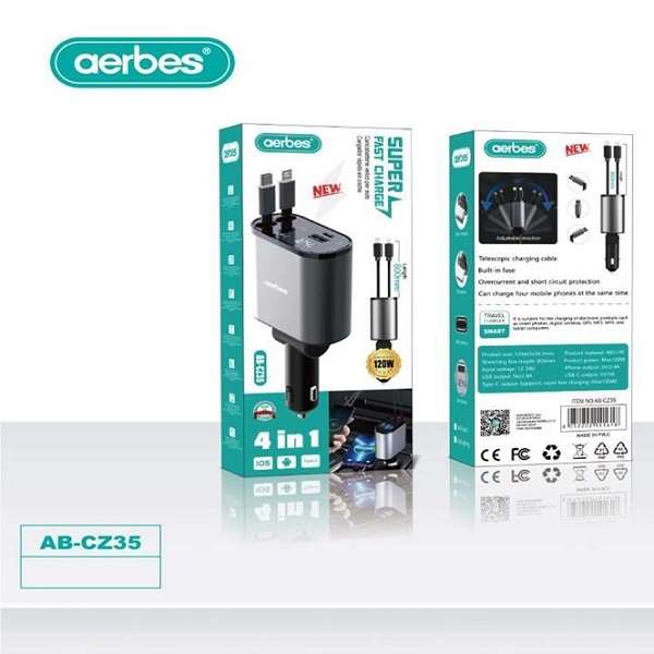 Aerbes AB-CZ35 4 in 1 Car Charger With Retractable Cables 120W