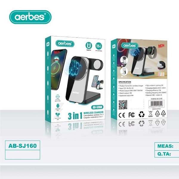 Aerbes AB-SJ160 3 in 1 Wireless Magnetic Charger With RGB Lighting Base