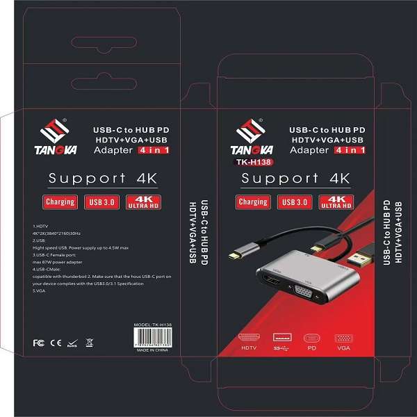 Tangka TK-H138 Type C To HDMI+VGA+USB 3.0 And Type C  Adapter Cable
