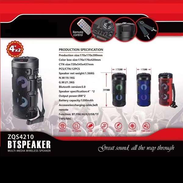 ZQS4210 4 Bass Boost RGB Bluetooth Speaker Remote & Strap 1200mAh