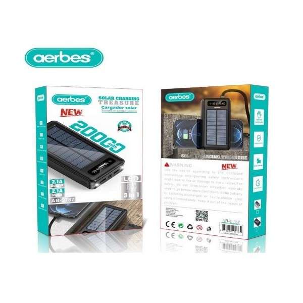 Aerbes AB-S787 Solar Powered Power Bank With LED Light 20000mah 2.1A With 3 in 1 Cable