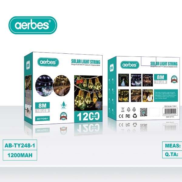 Aerbes AB-TY248-1 Warm White 8M Solar Round Bulb String Light 1200mah Battery