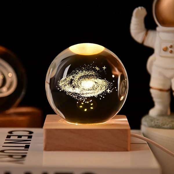PM-164 3D Galaxy Crystal Ball Night Light USB Powered with Wooden Base
