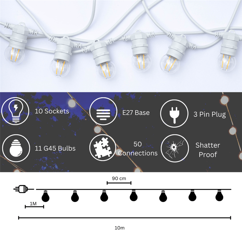 10m 10 LED Festoon Retro Bulb White Cable String Lights