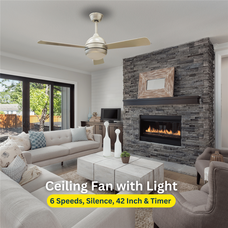3 Silver Blades 42 Inch Ceiling Fan with Light and Remote