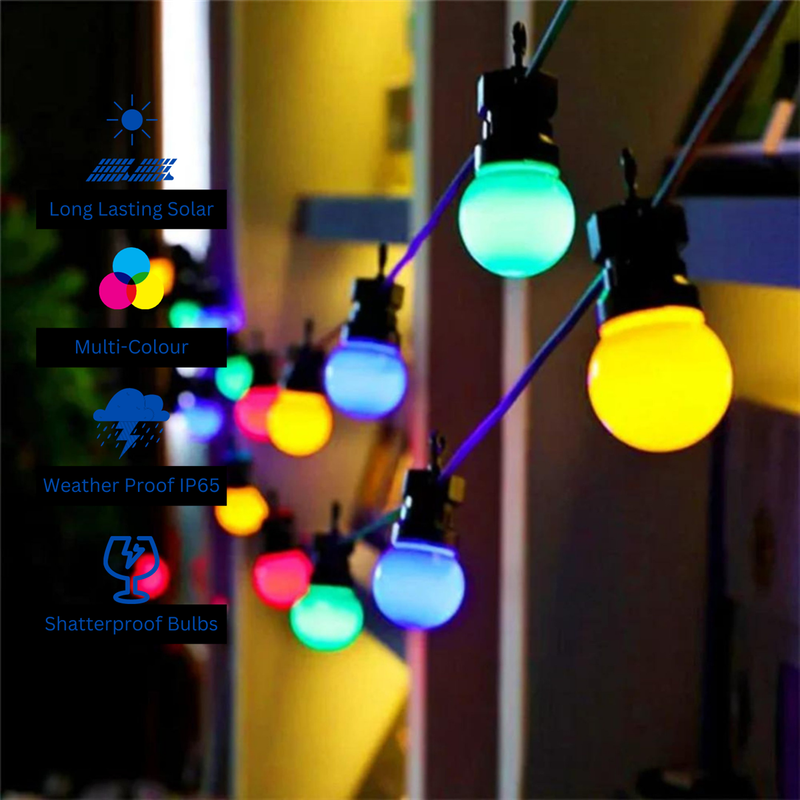 10m Solar 10 Multi-Colour LED Festoon Bulb String Lights