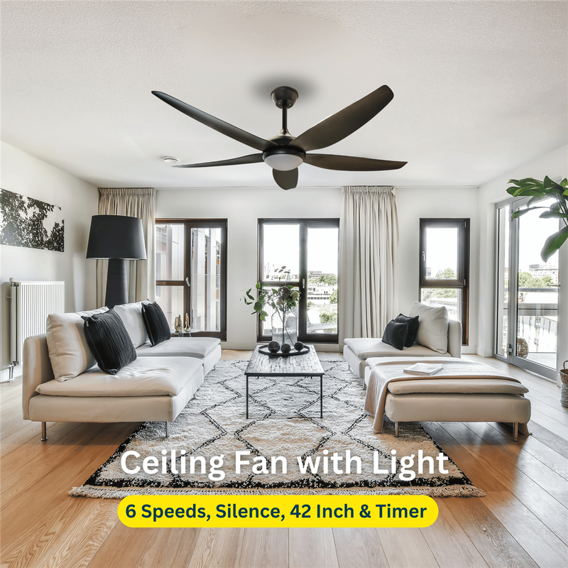 52 Inch 5 Black Blades Ceiling Fan with Light and Remote