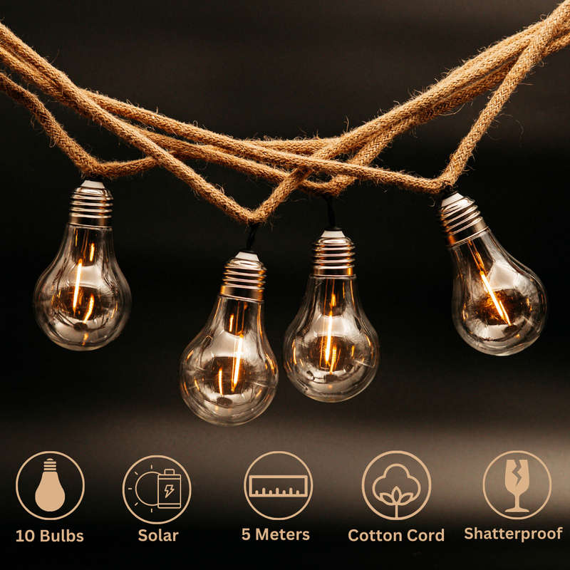 5m Solar Powered Cotton 10 LED A19 Bulb String Lights
