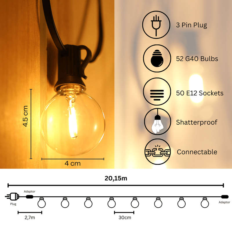 20m Warm White 50 LED Bulb Classic String Lights