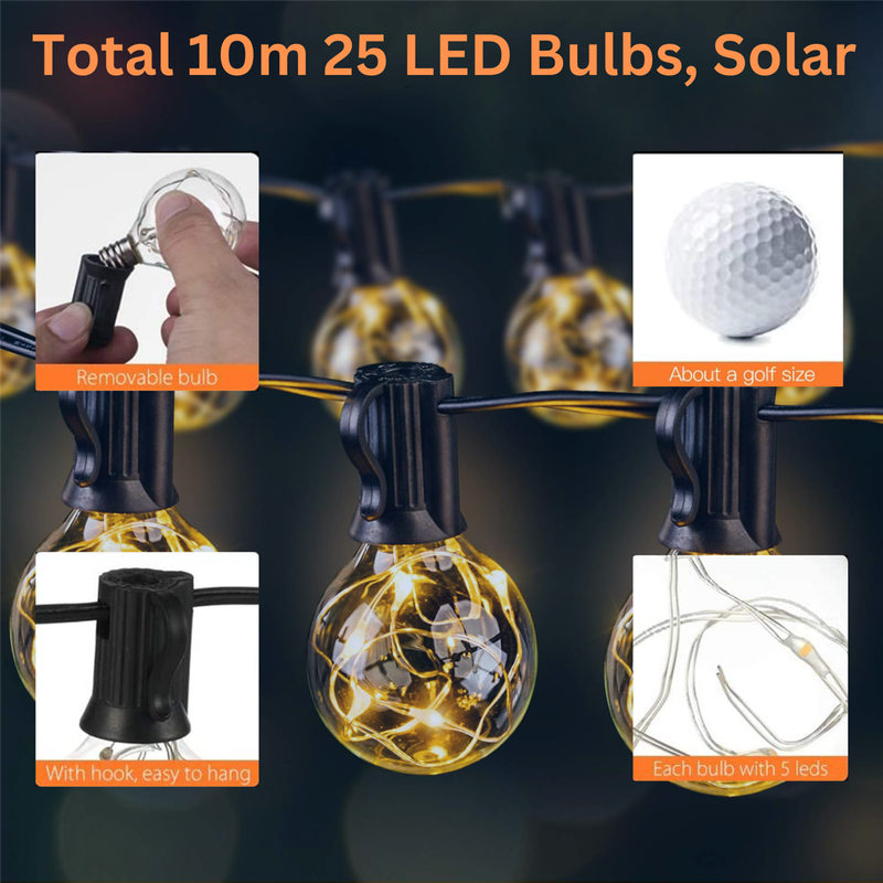 10m Solar 25 Wire LED Classic Retro Bulb String Lights