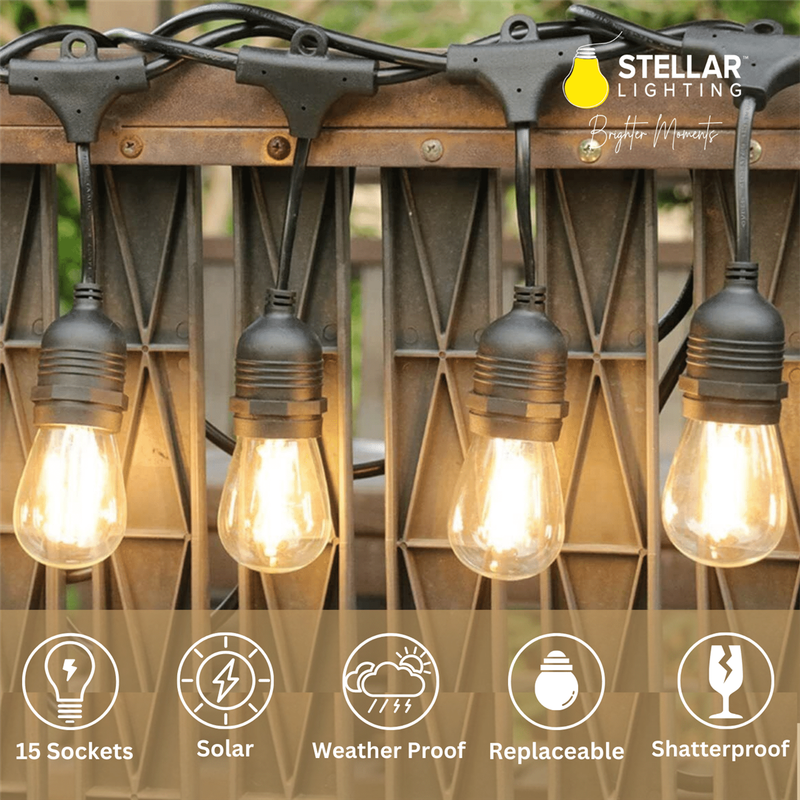 15m Solar 15 LED Festoon Vintage Bulb String Lights