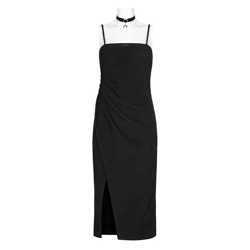 Asymmetric Split Slip Dress With Choker - M-L