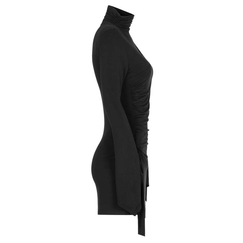 High Collar Pleated Fitted Dress - XL-2XL