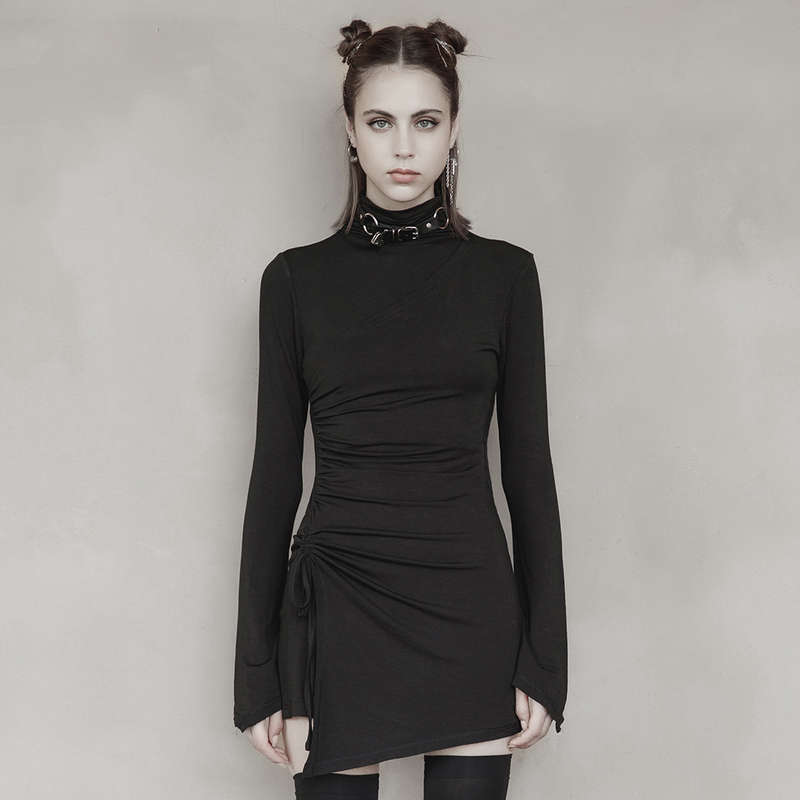 High Collar Pleated Fitted Dress - XL-2XL