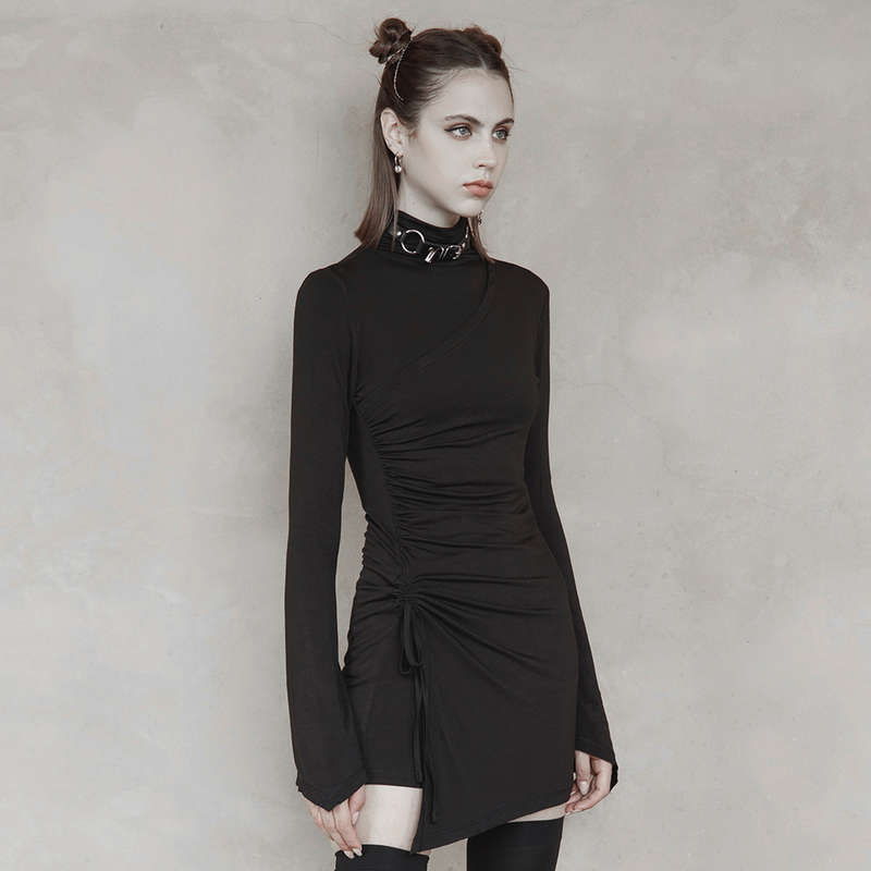 High Collar Pleated Fitted Dress - XL-2XL
