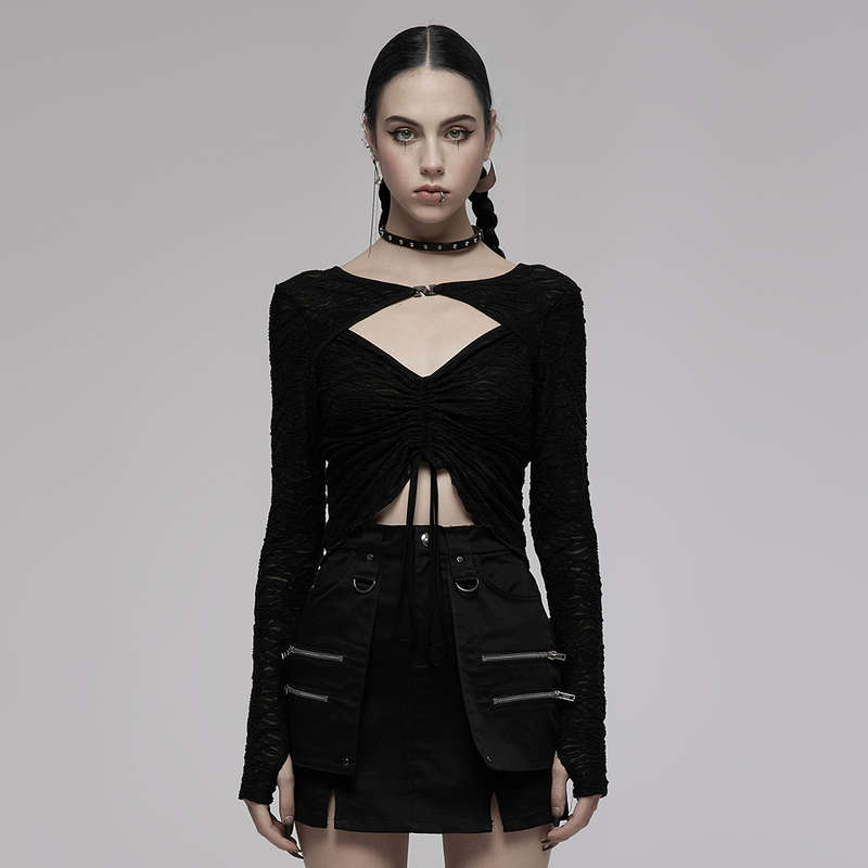 Drawstring Long-Sleeve Lace Top