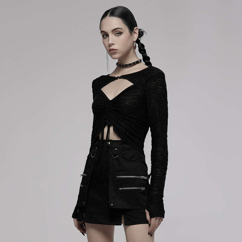 Drawstring Long-Sleeve Lace Top