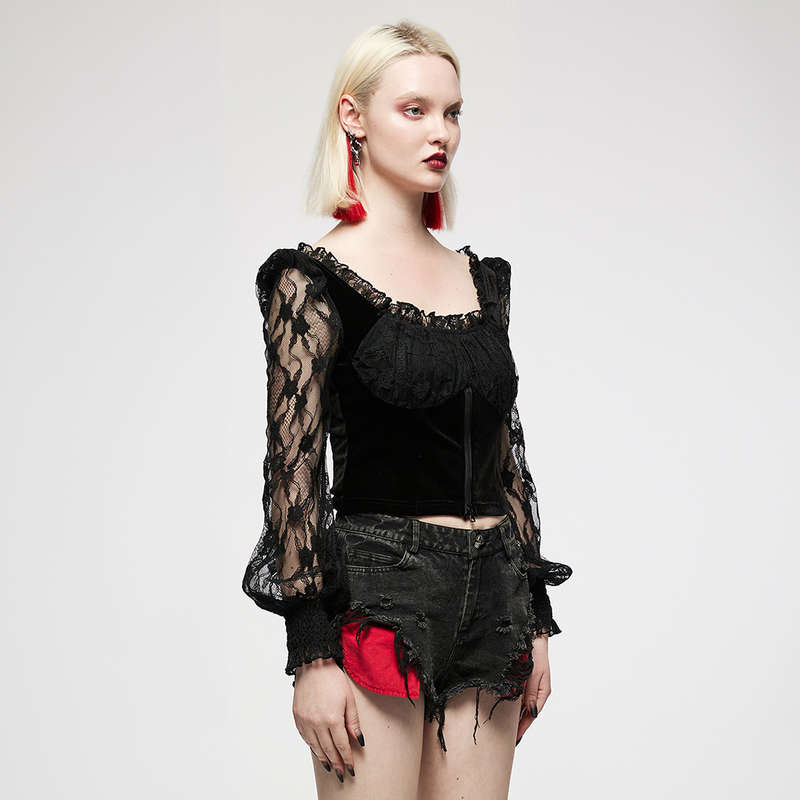 Velvet-Paneled Lace Top - S