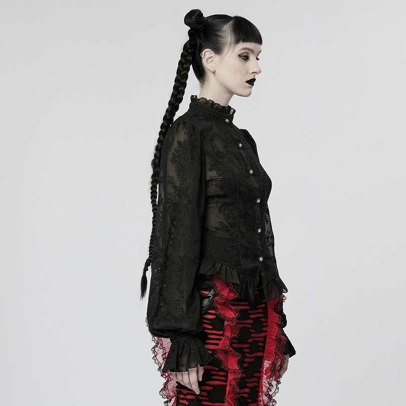Chiffon Embroidered Perspective Black Blouse
