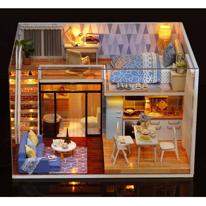 CuteRoom L-023 Blue Time  DIY House With Furniture Music Light Cover Miniature