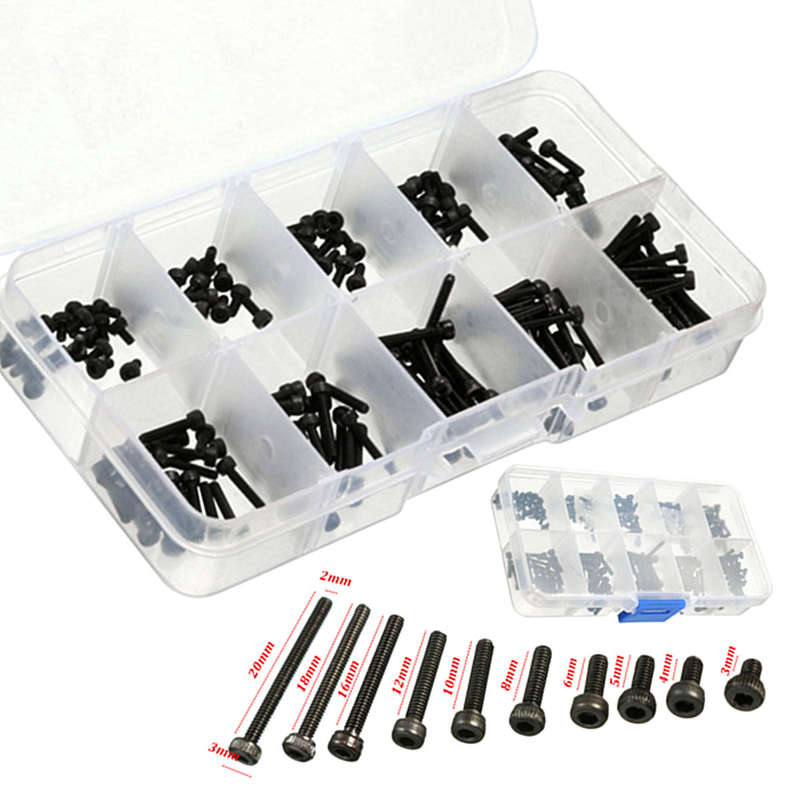 200pcs M2 Allen Bolt Hex Socket Round Cap Head Screw Assortment Kit Set Black