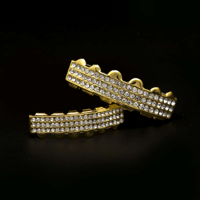 Hip-Hop Teeth Top Bottom Grills Dental Three Rows Diamond Trendy Cosplay Teeth