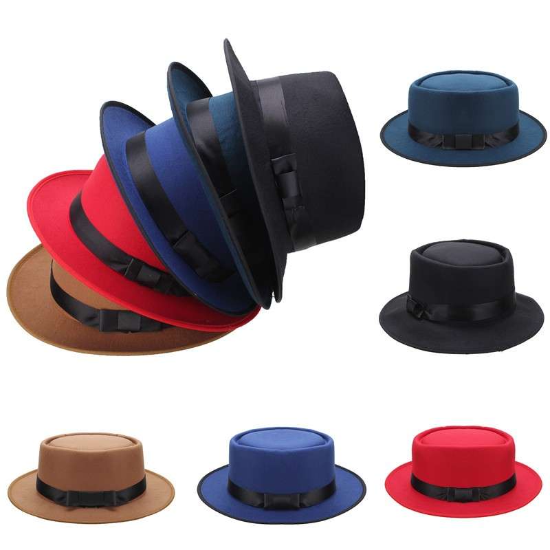 Men Women Porkpie Pork Pie Hats Fedora Upturn Short Brim Black Ribbon Band Caps