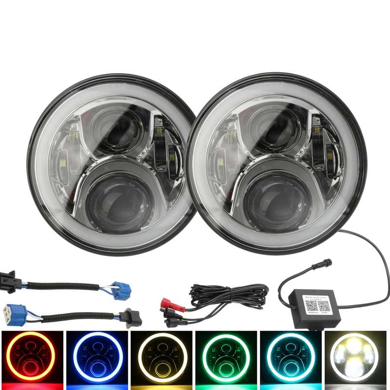 Pair 7inch H4 H13 Round RGB LED Headlight Halo DRL Hi/Lo Beam For Harley/Jeep J