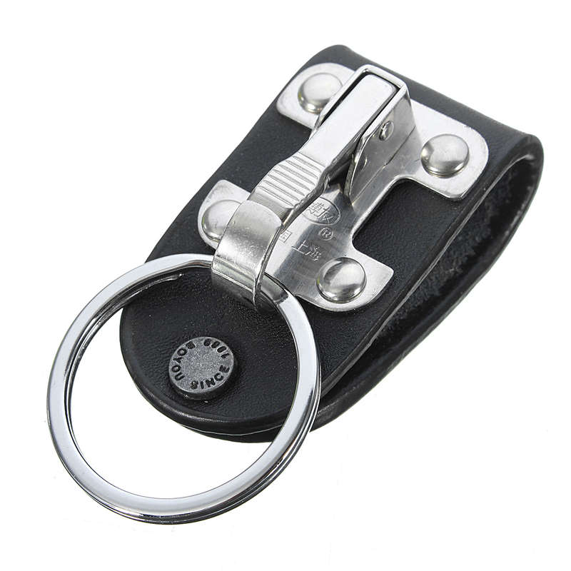 Quick Release Belt Clip Ring Holder Detachable Stainless Steel Black Leather Ke