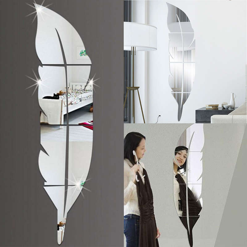 3D Mirror Vinyl Feather Wall Sticker Decal DIY Room Art Mural Removable Wall Pa