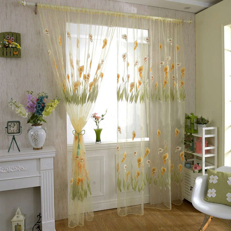 Alocasia Macrorrhizos Flowers Print Tulle Window Curtain Balcony Bedroom Bay Wi