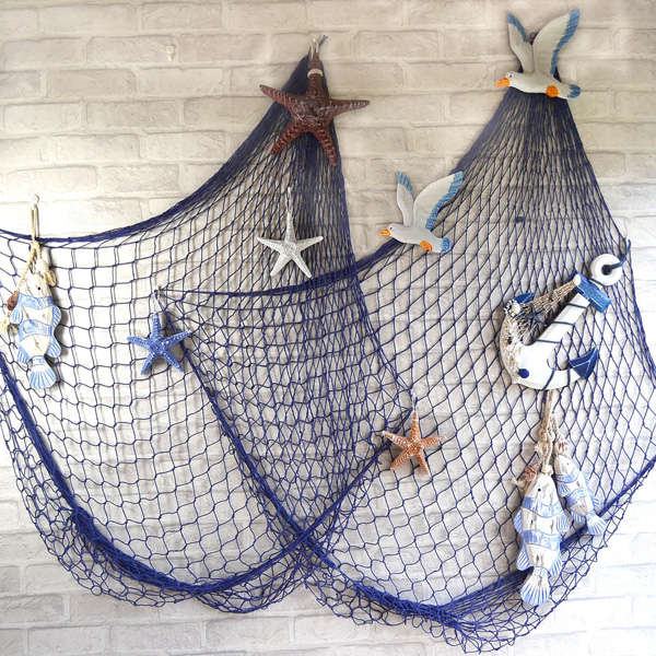 Mediterranean Style Decorative Fish Net With Shells Blue White