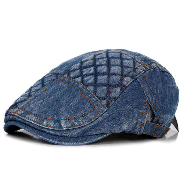 Mens Washed Denim Grid Beret Hat Casual Outdoor Visor Forward Hat Adjustable