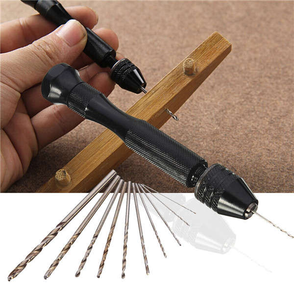 Drillpro Mini Aluminum Hand Drill with Keyless Chuck and 10 Twist Drills Rotary