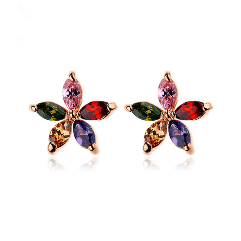 Luxury Rose Gold Earring Colorful Zirconia Flower Stud Earrings Classic Fine Je