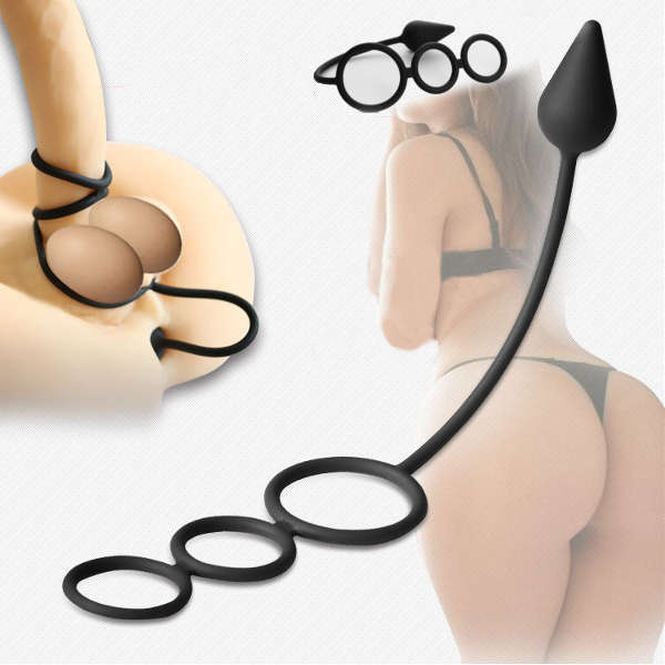 Male Black Three Rings Bound Penis Taper Anal Plug Intimate Sex Anal Toys
