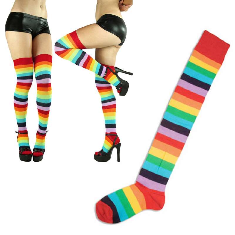 Women Comfortable Beautiful Soft Casual Over Knee Socks Rainbow Thigh Long Stri