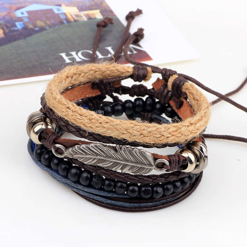 4 types Wood Beads Woven Leather Bracelet Leaf Pendant Unisex Bangle Chain