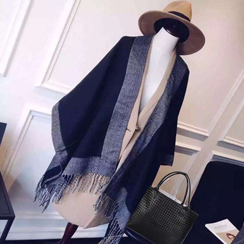 Women Ladies Cashmere Blend Scarf Patchwork Plaid Poncho Cape Poncho Wrap Shawl