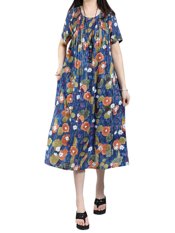 Printed O-Neck Short Sleeve Ruffled Pockets Dress For Women