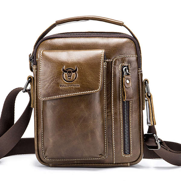 Bullcaptain Genuine Leather Business Messenger Bag Vintage Mini Sh - Color Black